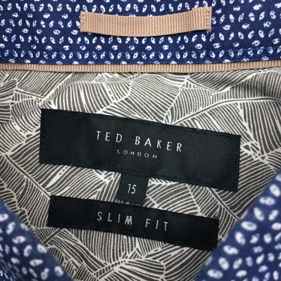 Ted Baker Men's Blue Print Shirt Slim Fit Button Front Long Sleeves size 15 - Picture 8 of 11
